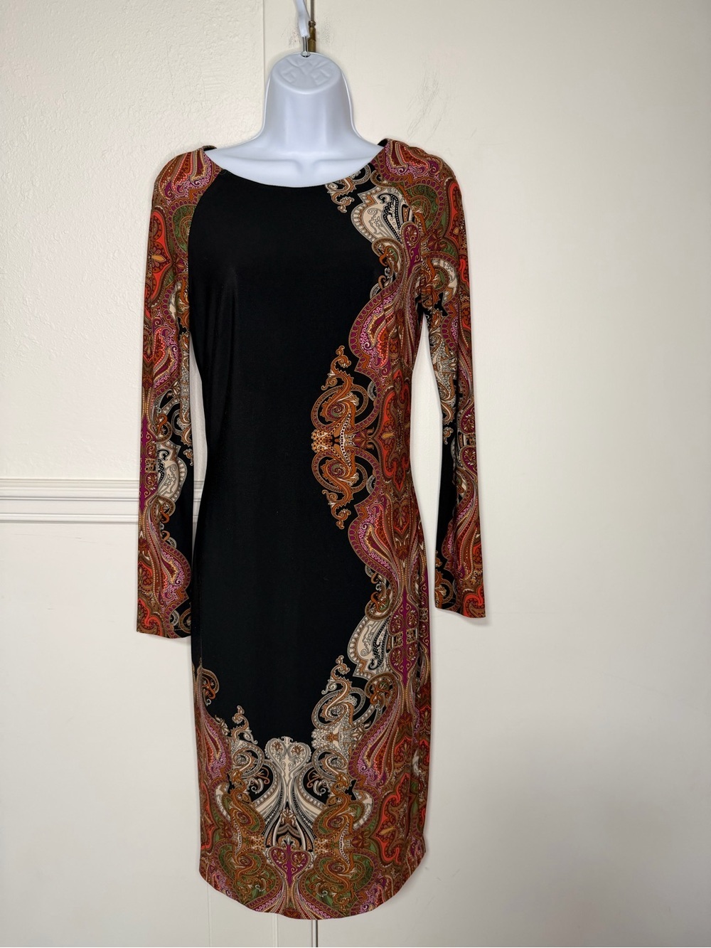 Joseph Ribkoff Black Long-Sleeve Sheath Dress with Paisley Trim 6